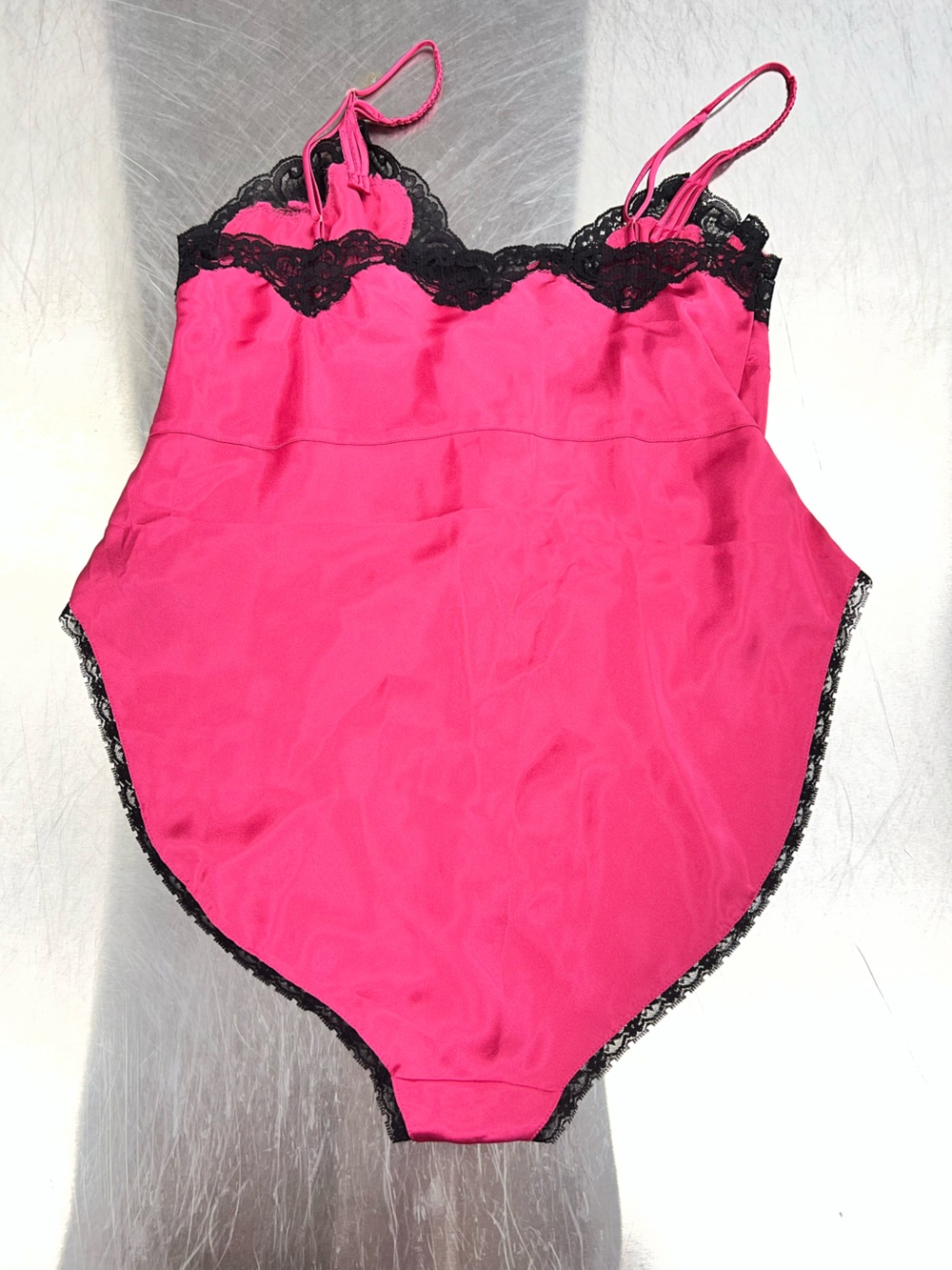 Delicates Hot Pink, Black Lace-Trim, Slip Bodysuit Women’s Medium - Picture 10 of 11